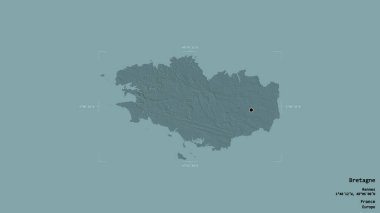 Fransa 'nın Bretagne bölgesi, katı bir arka planda izole edilmiş bir sınır kutusunda. Etiketler. Renkli yükseklik haritası. 3B görüntüleme