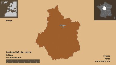 Centre-Val de Loire, Fransa bölgesi ve başkenti. Uzaklık ölçeği, ön gösterimler ve etiketler. Desenli dokuların bileşimi. 3B görüntüleme