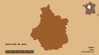 Fransa 'nın başkenti Centre-Val de Loire' ın sağlam arka planda izole edilmiş hali. Uzaklık ölçeği, bölge önizlemesi ve etiketleri. Desenli dokuların bileşimi. 3B görüntüleme