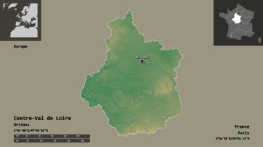 Centre-Val de Loire, Fransa bölgesi ve başkenti. Uzaklık ölçeği, ön gösterimler ve etiketler. Topografik yardım haritası. 3B görüntüleme