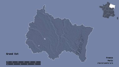 Fransa 'nın başkenti Grand Est' in katı bir zemin üzerinde izole edilmiş hali. Uzaklık ölçeği, bölge önizlemesi ve etiketleri. Renkli yükseklik haritası. 3B görüntüleme