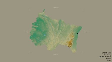 Fransa 'nın Grand Est bölgesinde katı bir arka planda izole edilmiş bir sınır kutusu var. Etiketler. Topografik yardım haritası. 3B görüntüleme