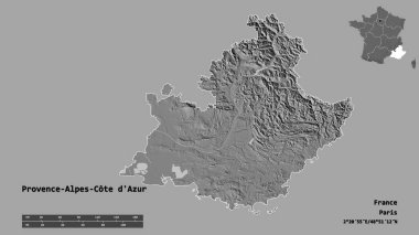 Fransa 'nın başkenti Provence-Alpes-Cote d' Azur 'un sağlam arka planda izole edilmiş hali. Uzaklık ölçeği, bölge önizlemesi ve etiketleri. Çift seviyeli yükseklik haritası. 3B görüntüleme