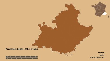Fransa 'nın başkenti Provence-Alpes-Cote d' Azur 'un sağlam arka planda izole edilmiş hali. Uzaklık ölçeği, bölge önizlemesi ve etiketleri. Desenli dokuların bileşimi. 3B görüntüleme
