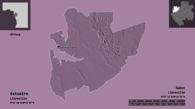Estuaire, Gabon vilayeti ve başkenti. Uzaklık ölçeği, ön gösterimler ve etiketler. Renkli yükseklik haritası. 3B görüntüleme