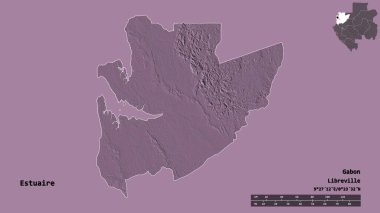 Gabon eyaleti Estuaire 'nin yapısında sermayesi sağlam bir zemin üzerinde izole edilmiştir. Uzaklık ölçeği, bölge önizlemesi ve etiketleri. Renkli yükseklik haritası. 3B görüntüleme