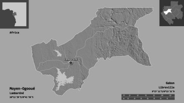 Moyen-Ogooue, Gabon ili ve başkenti. Uzaklık ölçeği, ön gösterimler ve etiketler. Çift seviyeli yükseklik haritası. 3B görüntüleme