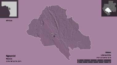 Gabon ili ve başkenti Ngounie 'nin şeklidir. Uzaklık ölçeği, ön gösterimler ve etiketler. Renkli yükseklik haritası. 3B görüntüleme