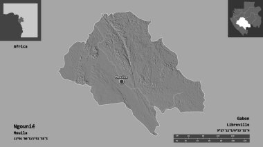 Gabon ili ve başkenti Ngounie 'nin şeklidir. Uzaklık ölçeği, ön gösterimler ve etiketler. Çift seviyeli yükseklik haritası. 3B görüntüleme