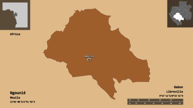 Gabon ili ve başkenti Ngounie 'nin şeklidir. Uzaklık ölçeği, ön gösterimler ve etiketler. Desenli dokuların bileşimi. 3B görüntüleme