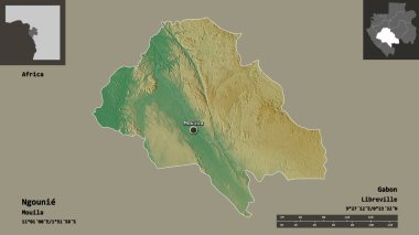 Gabon ili ve başkenti Ngounie 'nin şeklidir. Uzaklık ölçeği, ön gösterimler ve etiketler. Topografik yardım haritası. 3B görüntüleme