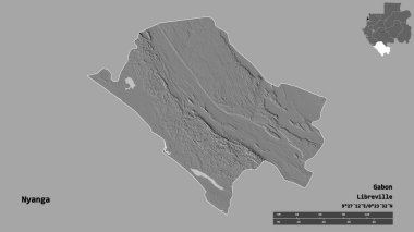 Gabon 'un Nyanga eyaleti, başkenti katı bir zemin ile izole edilmiştir. Uzaklık ölçeği, bölge önizlemesi ve etiketleri. Çift seviyeli yükseklik haritası. 3B görüntüleme