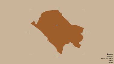 Gabon 'un Nyanga bölgesi, katı bir arka planda izole edilmiş bir sınır kutusunda. Etiketler. Desenli dokuların bileşimi. 3B görüntüleme