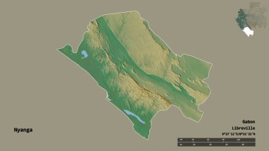 Gabon 'un Nyanga eyaleti, başkenti katı bir zemin ile izole edilmiştir. Uzaklık ölçeği, bölge önizlemesi ve etiketleri. Topografik yardım haritası. 3B görüntüleme