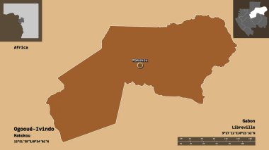 Ogooue-Ivindo, Gabon ili ve başkenti. Uzaklık ölçeği, ön gösterimler ve etiketler. Desenli dokuların bileşimi. 3B görüntüleme