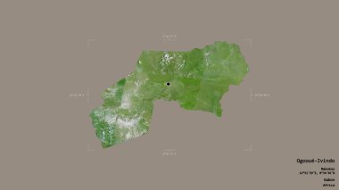 Gabon 'un Ogooue-Ivindo bölgesi, sağlam bir arka planda izole edilmiş bir sınır kutusunda. Etiketler. Uydu görüntüleri. 3B görüntüleme