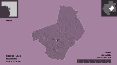 Ogooue-Lolo, Gabon ili ve başkenti. Uzaklık ölçeği, ön gösterimler ve etiketler. Renkli yükseklik haritası. 3B görüntüleme