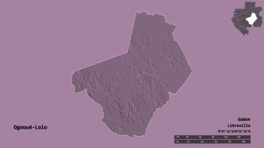 Gabon 'un başkenti Ogooue-Lolo' nun katı arka planda izole edilmiş hali. Uzaklık ölçeği, bölge önizlemesi ve etiketleri. Renkli yükseklik haritası. 3B görüntüleme