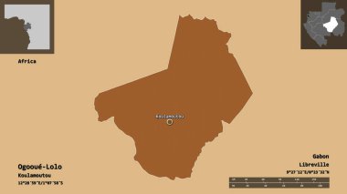 Ogooue-Lolo, Gabon ili ve başkenti. Uzaklık ölçeği, ön gösterimler ve etiketler. Desenli dokuların bileşimi. 3B görüntüleme