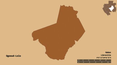 Gabon 'un başkenti Ogooue-Lolo' nun katı arka planda izole edilmiş hali. Uzaklık ölçeği, bölge önizlemesi ve etiketleri. Desenli dokuların bileşimi. 3B görüntüleme