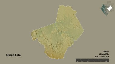 Gabon 'un başkenti Ogooue-Lolo' nun katı arka planda izole edilmiş hali. Uzaklık ölçeği, bölge önizlemesi ve etiketleri. Topografik yardım haritası. 3B görüntüleme