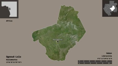 Ogooue-Lolo, Gabon ili ve başkenti. Uzaklık ölçeği, ön gösterimler ve etiketler. Uydu görüntüleri. 3B görüntüleme