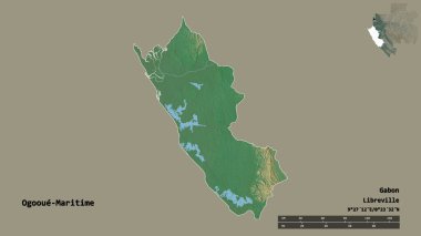 Gabon Eyaleti 'nin Ogooue-Maritime şehrinin başkenti sağlam bir zemin üzerinde izole edilmiştir. Uzaklık ölçeği, bölge önizlemesi ve etiketleri. Topografik yardım haritası. 3B görüntüleme