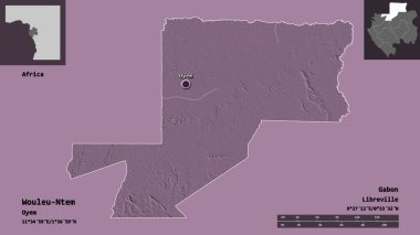 Wouleu-Ntem, Gabon ili ve başkenti. Uzaklık ölçeği, ön gösterimler ve etiketler. Renkli yükseklik haritası. 3B görüntüleme