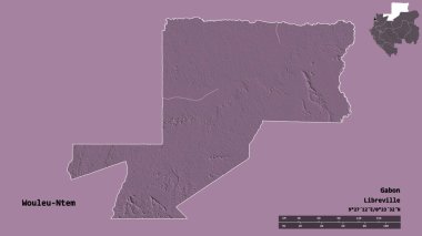 Gabon 'un Wouleu-Ntem bölgesinin başkenti sağlam bir zemin ile izole edilmiştir. Uzaklık ölçeği, bölge önizlemesi ve etiketleri. Renkli yükseklik haritası. 3B görüntüleme