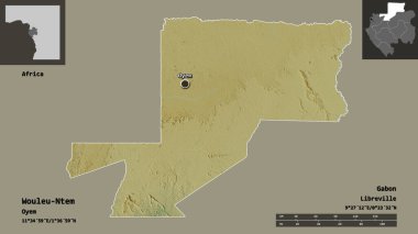 Wouleu-Ntem, Gabon ili ve başkenti. Uzaklık ölçeği, ön gösterimler ve etiketler. Topografik yardım haritası. 3B görüntüleme