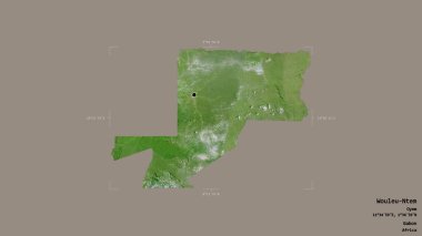 Wouleu-Ntem bölgesi, Gabon vilayeti, bir sınır kutusunda sağlam bir arka planda izole edilmiş. Etiketler. Uydu görüntüleri. 3B görüntüleme