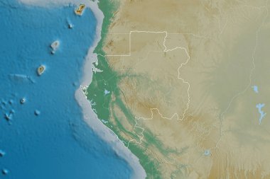Gabon 'un ülke sınırları, uluslararası ve bölgesel sınırları olan geniş bir alanı. Topografik yardım haritası. 3B görüntüleme
