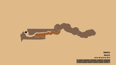 Başkenti, ana bölgesel bölümü ve ayrılan Lower River bölgesiyle Gambiya 'nın dejenere edilmiş şekli. Etiketler. Desenli dokuların bileşimi. 3B görüntüleme