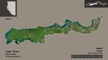 Aşağı Nehir 'in şekli, Gambiya' nın bölünmesi ve başkenti. Uzaklık ölçeği, ön gösterimler ve etiketler. Uydu görüntüleri. 3B görüntüleme