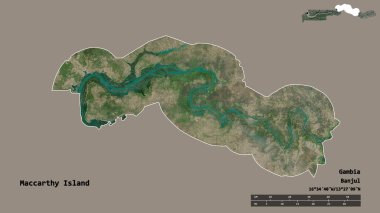Maccarthy Adası 'nın şekli, Gambiya' nın bölümü, başkenti sağlam bir zemin üzerinde izole edilmiş. Uzaklık ölçeği, bölge önizlemesi ve etiketleri. Uydu görüntüleri. 3B görüntüleme
