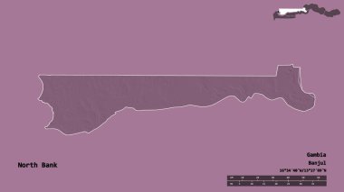 Kuzey Şeria 'nın şekli, Gambiya' nın bölünmesi, sermayesi sağlam arka planda izole edilmiş. Uzaklık ölçeği, bölge önizlemesi ve etiketleri. Renkli yükseklik haritası. 3B görüntüleme