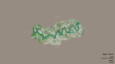 Yukarı Nehir Bölgesi, Gambiya Bölümü, sağlam bir arka planda izole edilmiş bir sınır kutusunda. Etiketler. Uydu görüntüleri. 3B görüntüleme