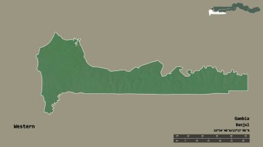 Batı 'nın şekli, Gambiya' nın bölünmesi, sermayesi sağlam arka planda izole edilmiş. Uzaklık ölçeği, bölge önizlemesi ve etiketleri. Topografik yardım haritası. 3B görüntüleme