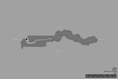 Gambiya bölgesi, jeoreferatlı bir sınır kutusunda sağlam bir zeminde izole edilmiş. Ana bölgesel bölüm, mesafe ölçeği, etiketler. Çift seviyeli yükseklik haritası. 3B görüntüleme