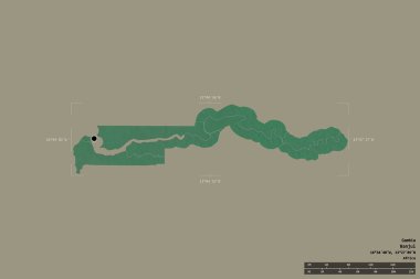 Gambiya bölgesi, jeoreferatlı bir sınır kutusunda sağlam bir zeminde izole edilmiş. Ana bölgesel bölüm, mesafe ölçeği, etiketler. Topografik yardım haritası. 3B görüntüleme