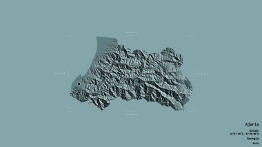 Gürcistan 'ın özerk cumhuriyeti Ajaria bölgesi, katı bir arka planda bir sınır kutusunda izole edilmiştir. Etiketler. Renkli yükseklik haritası. 3B görüntüleme