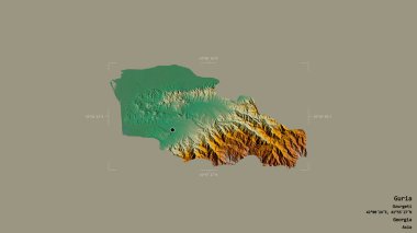 Guria bölgesi, Gürcistan bölgesi, katı bir arka planda izole edilmiş bir sınır kutusunda. Etiketler. Topografik yardım haritası. 3B görüntüleme