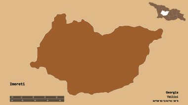 Gürcistan 'ın Imereti bölgesi, başkenti katı bir zemin üzerinde izole edilmiştir. Uzaklık ölçeği, bölge önizlemesi ve etiketleri. Desenli dokuların bileşimi. 3B görüntüleme