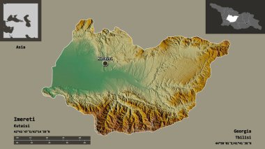 Gürcistan 'ın Imereti bölgesi ve başkenti. Uzaklık ölçeği, ön gösterimler ve etiketler. Topografik yardım haritası. 3B görüntüleme
