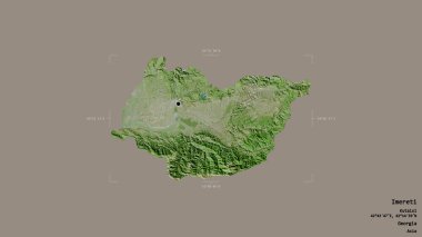 Gürcistan 'ın Imereti bölgesinde katı bir arka planda izole edilmiş bir sınır kutusu var. Etiketler. Uydu görüntüleri. 3B görüntüleme
