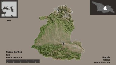 Shida Kartli 'nin şekli, Gürcistan bölgesi ve başkenti. Uzaklık ölçeği, ön gösterimler ve etiketler. Uydu görüntüleri. 3B görüntüleme
