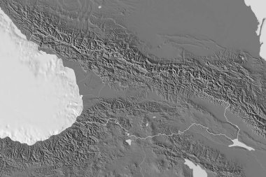 Gürcistan 'ın ülke sınırları, uluslararası ve bölgesel sınırları olan geniş bir bölgesi. Çift seviyeli yükseklik haritası. 3B görüntüleme