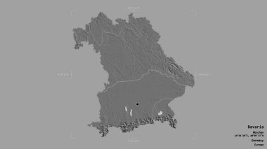 Almanya 'nın Bavyera bölgesi, katı bir arka planda izole edilmiş bir sınır kutusunda. Etiketler. Çift seviyeli yükseklik haritası. 3B görüntüleme