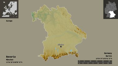 Bavyera 'nın şekli, Almanya devleti ve başkenti. Uzaklık ölçeği, ön gösterimler ve etiketler. Topografik yardım haritası. 3B görüntüleme