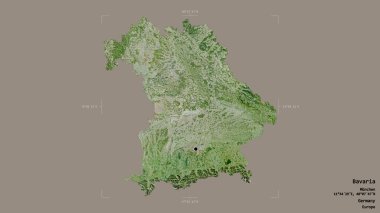 Almanya 'nın Bavyera bölgesi, katı bir arka planda izole edilmiş bir sınır kutusunda. Etiketler. Uydu görüntüleri. 3B görüntüleme